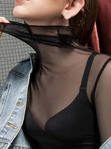 Women's Sexy High-Neck Transparent Mesh Top, Long-Sleeve Fitted Pullover - Black - View 2