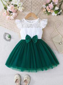 女童优雅蕾丝网眼圆领短款盖袖连衣裙，面料舒适，夏季新品 - 綠色 - 查看 2