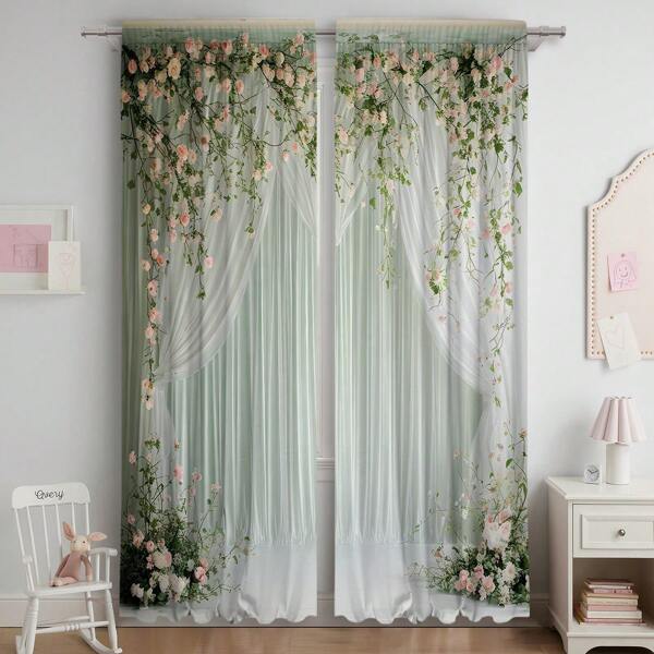2 Piezas, Cortinas de ventana con flores en color rosa claro y verde, impresión digital 3D, textura exquisita y detalles de tonos suaves, comunes en la sala de estar, el estudio y el dormitorio, creando una atmósfera tranquila y realzando el estilo romántico