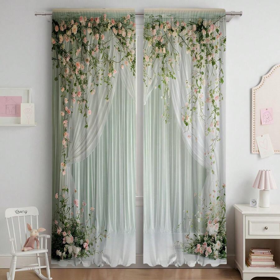 2Pcs, Light Pink And Green Flower Window Curtains, 3D Digital Printing, Exquisite Texture And Soft Tone Details, Common In Living Room, Study And Bedroom, Creating A Quiet Atmosphere And Enhancing Romantic Style - Multicolor - View 1