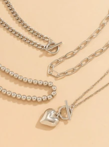 4 Pcs/Set Vintage Minimalist Geometric Chain Multi-Layer Necklace With Heart Pendant, Elegant Fashion Wedding Party Necklace Gift For Women - Necklace - View 9