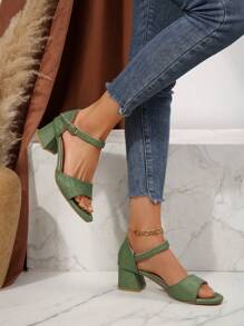 Plus Size Women's High Heel Sandals, Comfortable PU Non-Slip Thick Heel Slingback With Buckle Strap, Classic Floral Pattern Open Toe, Suitable For Travel, Vacation, Outing, Party. Heel Height: 5CM - Green - View 4