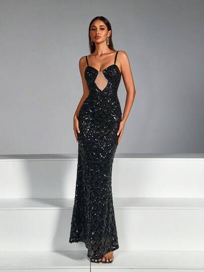 Vestido de fiesta para mujer con espalda de malla con lentejuelas, cremallera, con tirantes desmontables y almohadillas para el busto, vestido de gala, formal, de noche, para invitada de boda