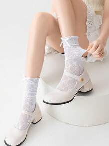 1/3/6 双女士蕾丝边蝴蝶结渔网袜，透明镂空及膝袜，适合夏季 - 彩色 - 查看 7