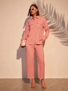 Crinkled Two Pocket Shirt & Pants 2 Pcs Set Women Pink Loungewear
