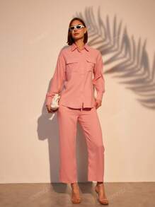 Crinkled Two Pocket Shirt & Pants 2 Pcs Set Women Pink Loungewear