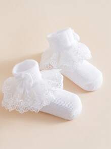1 par de calcetines de volantes estilo princesa con lazo de encaje para niñas bebé, para primavera/verano - Blanco - Ver 4
