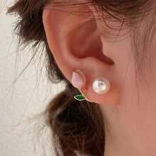 1 Pair Tulip Flower Pearl Hanging Stud Earrings - Pink - View 4