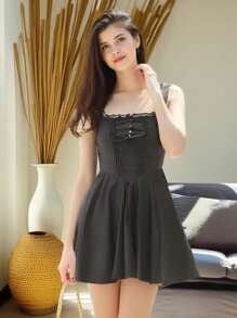 Women's Y2k Mini Corset Dress Deep V Neck Sleeveless Backless Lace Trim Ruffle Hem A-Line Dress Beach Sundress - 黑色 - 查看 5
