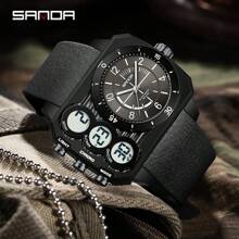 SANDA. SANDA Square Dial Digital Watch For Men Military Army Countdown Sport Quartz Wristwatch Man Large Dial Silicone Multifunctional Chronograph Waterproof Male LED Clock