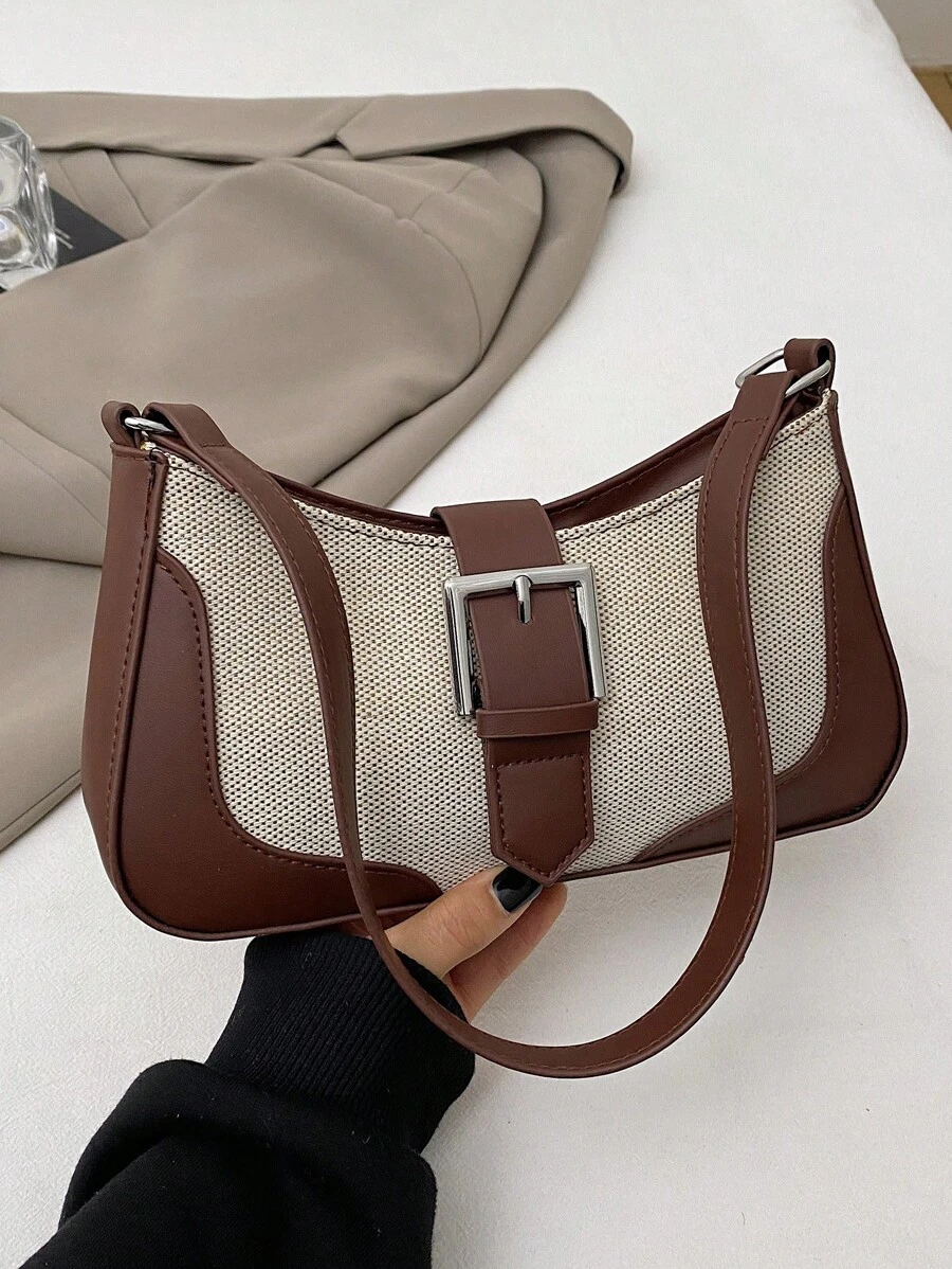 Sac Baguette Diagonal Sous-Bras Minimaliste à Grande Capacité de la Mode 2025 Artistique en Patchwork de Lin Français