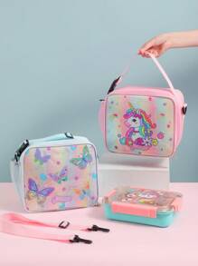 Cartoon Unicorn & Butterfly Lunch Bag, Kids Crossbody Bento Box Bag, Transparent Sequin Handbag Food Container - Pink - View 3