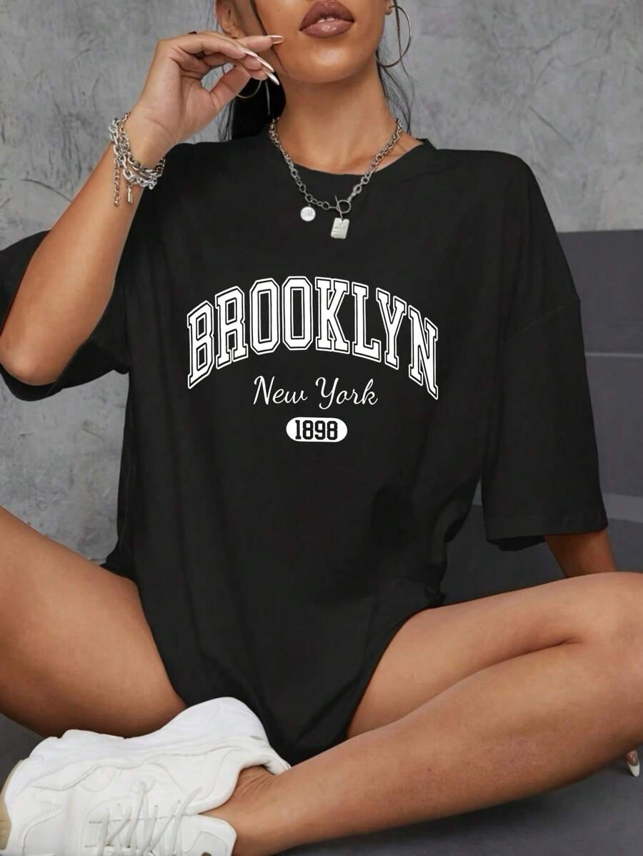 Brooklyn Letter Printed Shoulder Down T-Shirt, Casual Short Sleeved Oversized T-Shirt, Women's Clothing,Soft And Comfortable Cotton - 黑色 - 查看 1