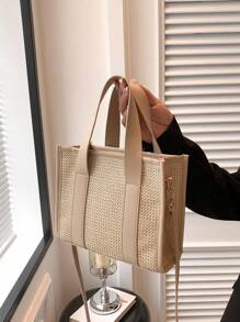 Spring & Summer New Straw Handbag For Women, Multi-Material Patchwork Shoulder & Crossbody Bag, Casual Outdoor Beach Tote, Versatile For Commuting - Khaki - View 4