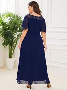 EVERPRETTY Plus Size Women Elegant Lace Patchwork Chiffon Ruffle Sleeve Bridesmaid Dress