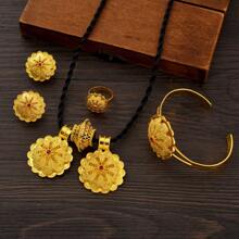 Juego de joyería con diseño geométrico de color dorado - Colgante, aretes, anillo y pulsera con diseño de flor, regalo para damas africanas o de Dubái en bodas y fiestas