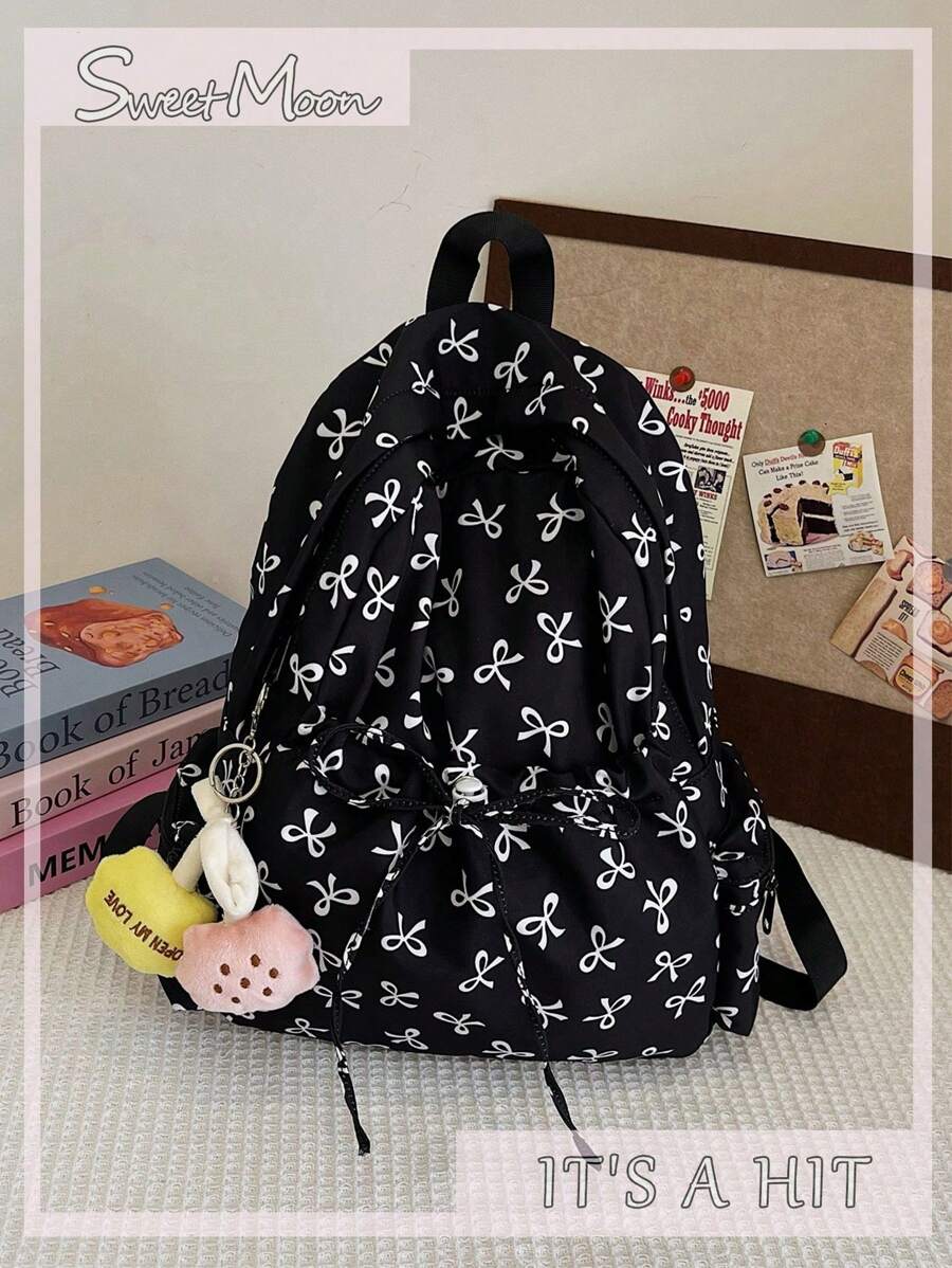 1pc Black Nylon Casual School Style Fresh Allover Print Bow Drawstring Large Capacity Foldable Backpack With Cartoon Decor Zipper, Suitable For Teenagers, College Students, And Women For Daily Commuting, Shopping, Travel, Graduation Gift, Cute Bow Backpack