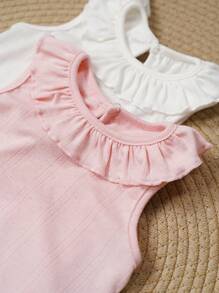 2pcs/Set Baby Girl Casual Cute Pink & White Sleeveless Tank Top T-Shirts, Breathable Solid Color Newborn Infant Baby Girl Clothes - Multicolor - View 3