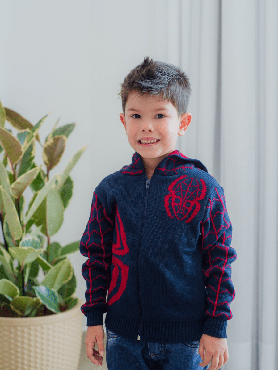 Jaqueta de Tricot Suéter Infantil Homem Aranha Com Zíper e Capuz