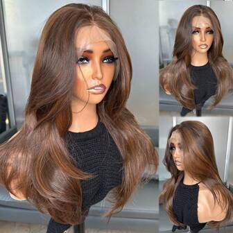 Kanekalon Futura Hair Brown 13x4 Synthetic Lace Front Wigs For Women 18 Inch Medium Long Wavy Curtain Bangs Glueless Kanekalon Hair Resistant Synthetic Hair Wigs Middle Part 150% Density Lace Wavy Wig Daily Wear Natural Hairline Glueless Wigs For Fashion Women Girls Party Vacation Show Makeup Use Wear