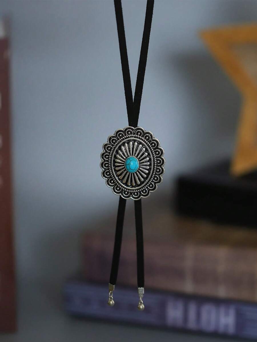 Retro Turquoise Flower Metal & Leather Long Necklace, Unisex Minimalistic Design