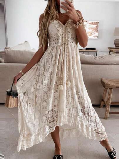 Boho Dresses For Women Uk Maxi Dress Lace Hem Long Dress Deep V-Neck Sleeveless Spaghetti Straps Backless Casual Tassel Beach Swing Dress Summer Vacation Outfit Beachwear Sundresses