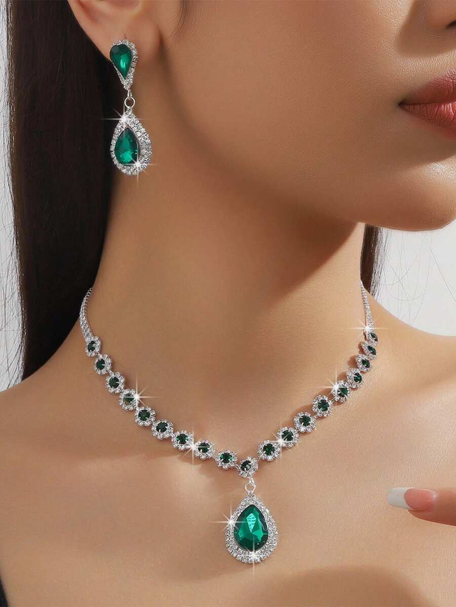 1pc Green Crystal Necklace And 1 Pair Green Crystal Stud Earrings - Green - View 1