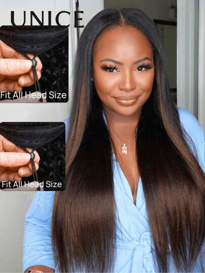UNice Hair Yaki Straight Upgrade V Part Wig With Drawstring Flip Over Weft Magic V-Line Beginner Friendly Mininal Leave Out EasiContour V Part Glueless Black To Chestnut Brown Ombre Yaki Wig With Invisi Drawstring UNice Wigs For Women