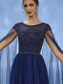 DELLA COUTURE Handmade Beaded Formal Dress, Elegant Fitted Luxurious Long Gown For Women, Suitable For Parties, Galas, Weddings And Other Formal Occasions, Flared Hem Cocktail Ball Gown, Party Dress, Wedding Guest Dress, Evening Dress - Royal Blue - View 2