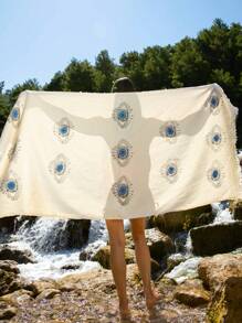 Dokubba Evil Eyes 印花沙滩巾 Peshtemal 沙滩巾、Evil Eyes Peshtemal 毛巾、轻便速干、土耳其沙滩巾、太阳印花沙滩巾 - 藍色 - 查看 3