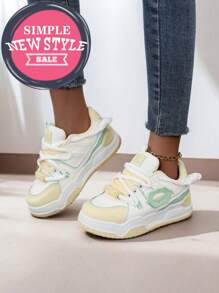 1 Pair Lace-Up Two-Tone Dopamine Women's Skate Shoes With Letter Pattern, High-Quality Wear-Resistant PU Low-Top Sneakers - Yellow - View 5