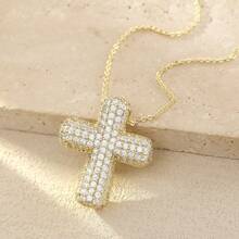 1 Pc Luxury Simple Cubic Zirconia Bubble Cross Necklace, Exquisite Gold Cross Necklace Clavicle Chain, Suitable For Women/Girls Daily Wear