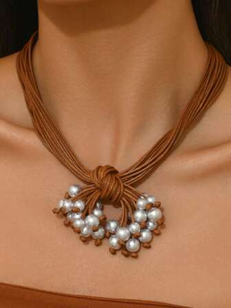 1pc Bohemian Style Faux Pearl Tassel DIY Cord Woven Flower Shaped Beaded Bowknot Resin Waterdrop Gold Chain Y-Necklace, Orange Faux Pearl Beaded Handmade Jewelry Necklace, Especially Suitable For Dresses, Spaghetti Tops, Vacation, Party, Holiday Gift