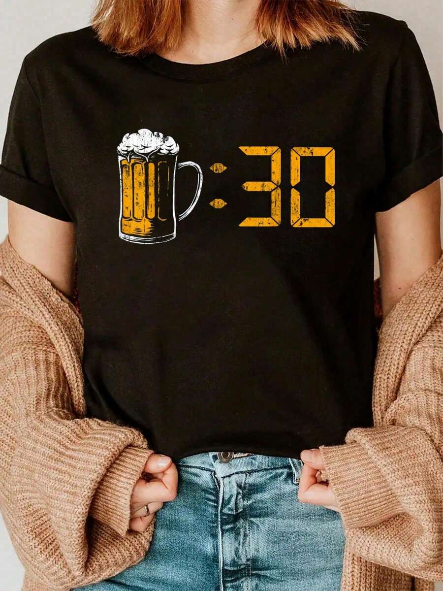 Camiseta con estampado "Fiesta de bebidas 30, regalos para elaboradores de cerveza artesanal", Camiseta de cuello redondo de manga corta suave para mujer, Camiseta cómoda y con estilo para mujer con gráficos - Negro - Ver 1