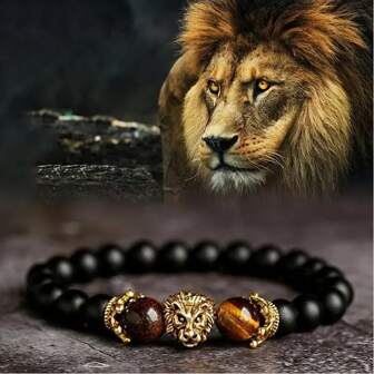 Natural Crystal Crown Lion Head Bracelet Luxury Tiger Eye Stone Bead Bracelets Jewelry