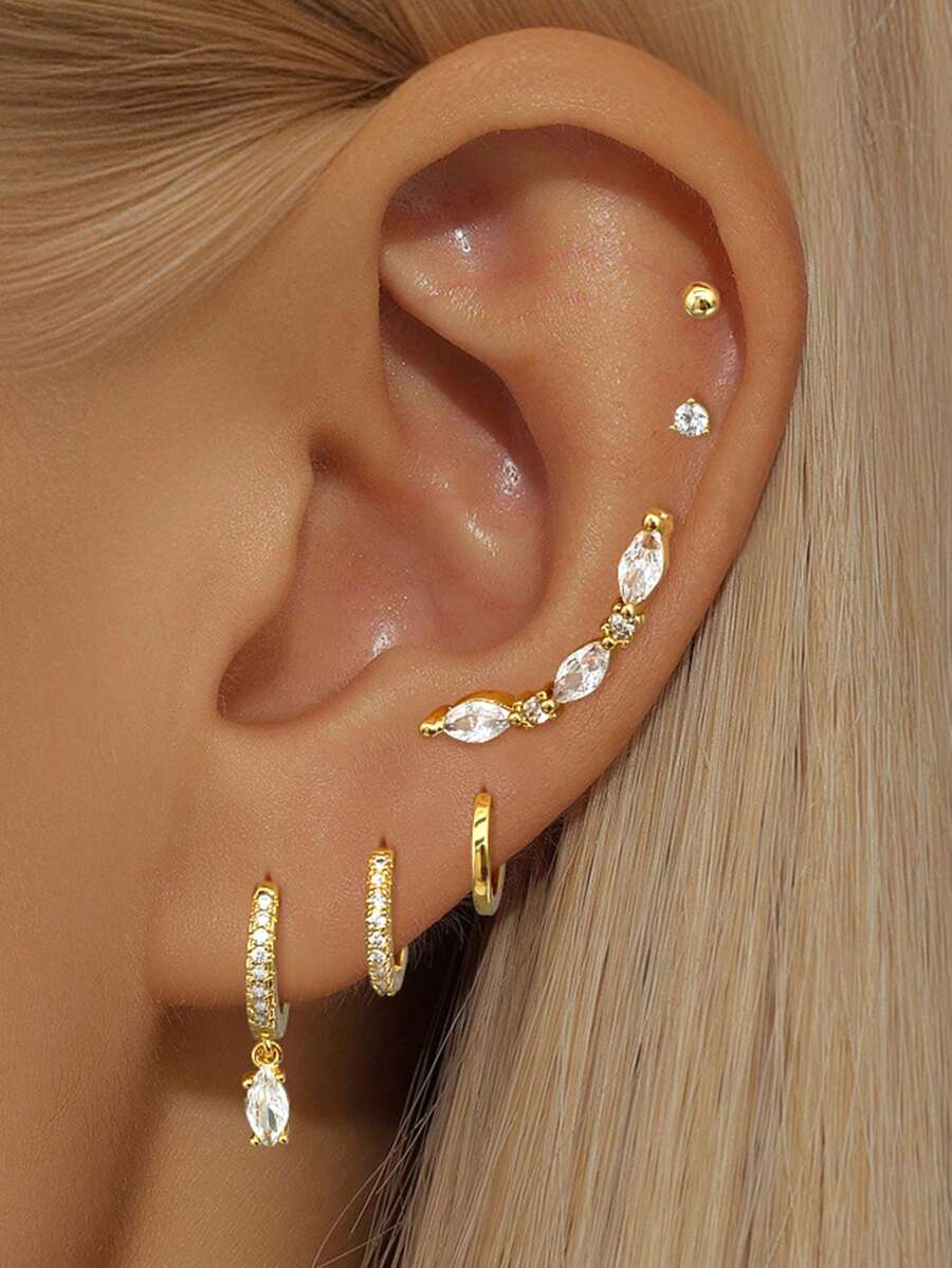 6Pcs One Side Ear Cubic Zirconia Dangle Earrings Set For Women Zirconia Hoop Earrings Fashion Jewelry - 6pcs/set - View 1