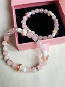 1 件玫瑰石英和蘑菇串珠手链，浪漫宝石爱情魅力，适合女性日常佩戴，适用于周年纪念、派对、聚会和特殊场合 - 粉色 - 查看 4