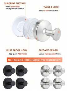 4个装吸盘挂钩，适用于淋浴房，不锈钢防水吸盘挂钩，无需钻孔，适用于淋浴房、浴室、厨房，可安装在玻璃淋浴门、镜子、瓷砖和其他光滑表面上，用于悬挂毛巾、浴袍、浴球等。1/2个装浴室配件，浴室工具 - 彩色 - 查看 9