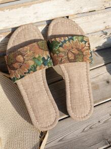 Women's Asymmetrical Floral Embroidery Peep Toe Strap Beach Sandals, Comfortable Flat Bohemian Slides, Summer - Brown Flowers - View 5