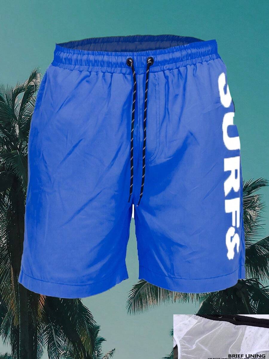 Mens Surf & Beach Print Board Shorts Swim Trunks Mesh Lining Beach Swim Vacation Tropical - Blue - View 1