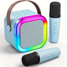 Karaoke Speaker With Microphone Set, Small Speaker, Home Karaoke Machine, In Pink, Blue, And White Colors, Comes With 2 Microphones, Portable Handheld Karaoke Microphone Speaker
