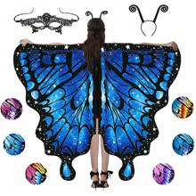 女士活力蝴蝶翅膀披肩和头带套装 - 彩色涤纶和氨纶仙女斗篷，无羽毛，非常适合万圣节服装派对 - 寶藍色 - 查看 4