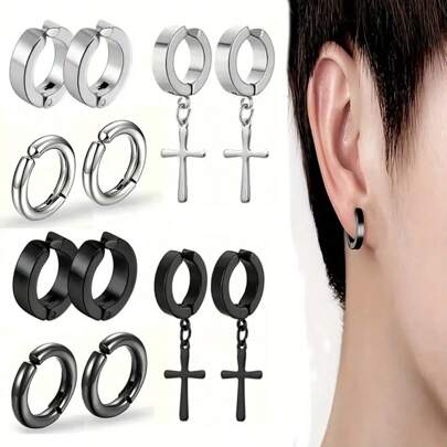 Bộ 6 khuyên tai kẹp, khuyên tai kẹp sụn hình chữ thập hình học không xỏ khuyên, khuyên tai thời trang đơn giản bằng thép không gỉ, thích hợp để đeo hàng ngày, khuyên tai tròn dẹt kiểu Punk dành cho nam và nữ, không gây dị ứng