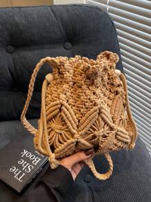 女士手工编织小斜挎包，新款编织单肩包，独特海滩风格，百搭小方形信封包，时尚，适合海滩、度假 - 卡其色 - 查看 5