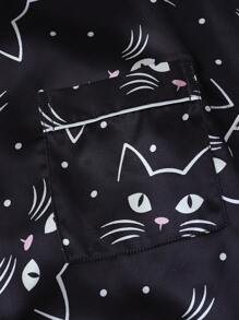 2 件套舒适黑色小猫翻领单排扣短袖口袋上衣和蝴蝶结短裤女式睡衣套装，适合家居服，春夏季，两件套 - 黑色 - 查看 4