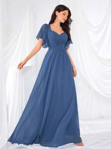 荷叶边袖后背甜心领纯色薄纱连衣裙，伴娘服，新娘服，生日女士服装，毕业礼服，正式礼服