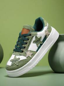 Star Print Casual Sneakers, Sports Shoes, Plus Size Women Shoes, Retro & - Green - View 1