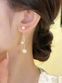 1 对法式珍珠和流苏吊坠耳环，优雅高端精致优质女士耳环，新品 - 金色 - 查看 4