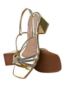 Monte Shoes Donatella Shoes Women's Sandals Square Toe High Heel Metallic Shiny Rhinestone Comfort - Gold - View 4