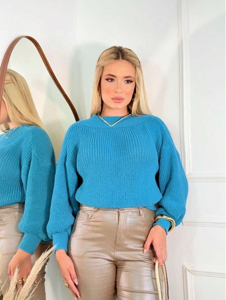 SELINE Women's Elegant Knitted Basic Cold Weather Blouse - Cadet Blue - View 1